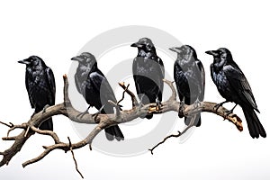 Image of group of crows on a branch on a white background. Birds. Animals. Illustration, Generative AI