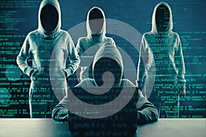 Image of a group of hackers in hoodies standing on abstract dark coding background. Malware, phishing and theft concept. Double