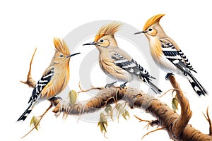 Image of group of hoopoes birds on a branch on a white background. Birds. Animals. Illustration, Generative AI