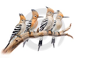 Image of group of hoopoes birds on a branch on a white background. Birds. Animals. Illustration, Generative AI