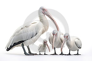 Image of group Ibis birds on a white background. Birds. Animals. Illustration, Generative AI