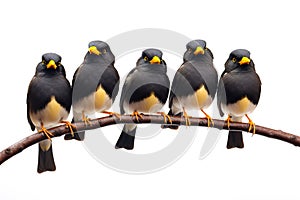 Image of group of mynas on a branch on a white background. Birds. Animals. Illustration, Generative AI