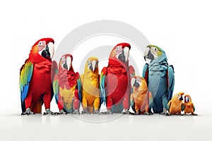 Image of group of parrot on a white background. Birds. Pet. Animals. Illustration, Generative AI