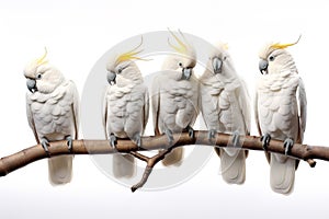 Image of group of white cockatoo on the branch on a white background. Birds. Pet. Animals. Illustration, Generative AI