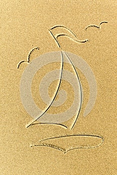 Image gulls and boat on the sand