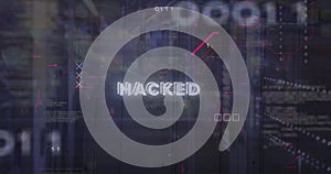 Image of hacked text, binary codes and computer language, circuit board pattern over server room