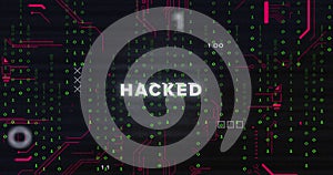 Image of hacked text and binary coding data processing over circuit board