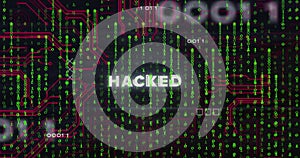 Image of hacked text and binary coding data processing over circuit board