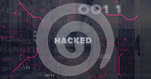 Image of hacked text, computer language, binary codes, circuit board pattern over server room