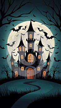 Image Halloween castle with bats and moon in background, setting a spooky atmosphere for seasonal designs