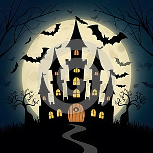 Image Halloween castle with bats and moon in background, setting a spooky atmosphere for seasonal designs