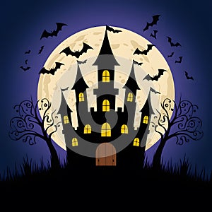 Image Halloween castle with bats and moon in background, setting a spooky atmosphere for seasonal designs