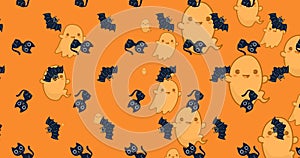 Image of halloween ghost, cat and cat pattern on orange background