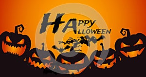 Image of halloween greetings adn bats over jack o lantern on orange background