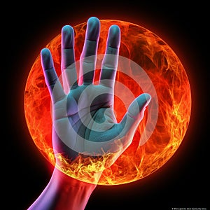 an image of a hand with a fire ball in front of it