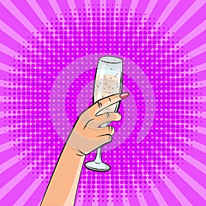 An image of a hand with a glass of champagne. Pop art style, comics.