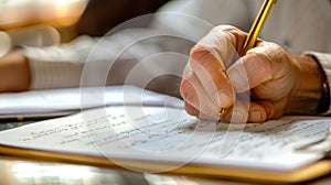 An image of a hand writing notes on a legal pad while looking at a copy of a propertys survey during a title search