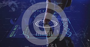 Image of hands of caucasian man using touchscreen with diverse data