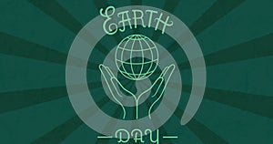 Image of hands with globe and earth day on dark green background