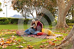 Image of happy diverse couple having picnic in autumn park