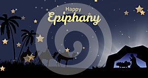 Image of happy epiphany text over nativity scene