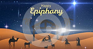 Image of happy epiphany text over snow falling and nativity scene