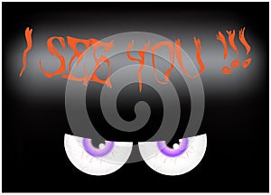 Image of Happy Halloween spooky background Flat design. Vector illustration of invitation card with scary bloody eyes, eyeballs wi