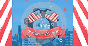 Image of happy labor day text over cityscape