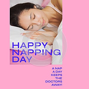 Image of happy napping day text over asian woman sleeping in bed