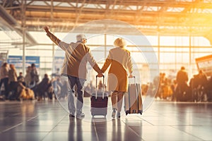 Image of happy old couple at airport terminal