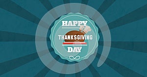 Image of happy thanksgiving day text over blue circle and stripes background