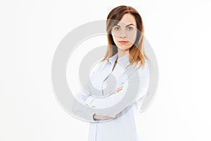 Image of happy young beautiful business woman posing isolated over white wall background. Pretty Business Woman With Arms Crossed