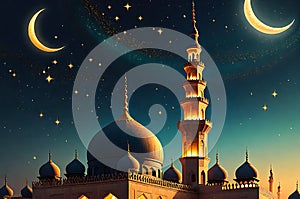 Crescent Moon Dangling Delicately Above a Mosque's Minaret During Ramadan: Twinkling Stars, Warm Glow