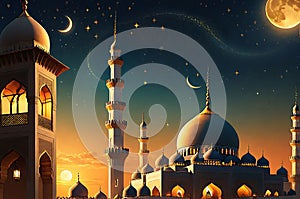 Crescent Moon Dangling Delicately Above a Mosque's Minaret During Ramadan: Twinkling Stars, Warm Glow