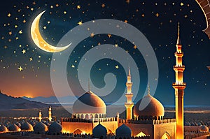 Crescent Moon Dangling Delicately Above a Mosque's Minaret During Ramadan: Twinkling Stars, Warm Glow