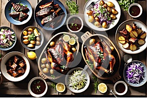 Non-Vegetarian Feast Spread Across a Rustic Wooden Table - Featuring Barbecue Ribs Glistening with Glaze photo