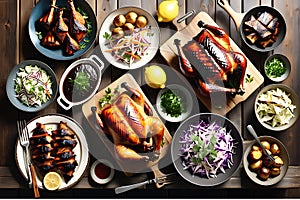 Non-Vegetarian Feast Spread Across a Rustic Wooden Table - Featuring Barbecue Ribs Glistening with Glaze photo