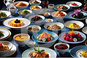 Hyper-Realistic Photography of Assorted Gourmet Dishes Capturing the Vibrant Colors and Intricate Textures photo