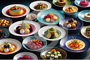Hyper-Realistic Photography of Assorted Gourmet Dishes Capturing the Vibrant Colors and Intricate Textures photo
