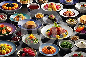 Hyper-Realistic Photography of Assorted Gourmet Dishes Capturing the Vibrant Colors and Intricate Textures photo