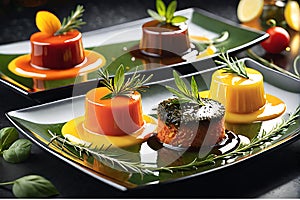 Hyper-Realistic Photography of Assorted Gourmet Dishes Capturing the Vibrant Colors and Intricate Textures photo