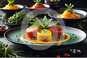 Hyper-Realistic Photography of Assorted Gourmet Dishes Capturing the Vibrant Colors and Intricate Textures photo