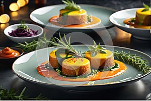 Hyper-Realistic Photography of Assorted Gourmet Dishes Capturing the Vibrant Colors and Intricate Textures photo