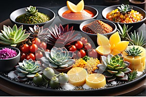 Hyper-Realistic Close-Up Photo of an Assortment of Gourmet Dishes - Showcasing the Glistening Texture and Culinary Artistry photo