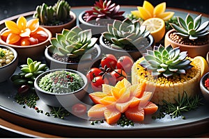 Hyper-Realistic Close-Up Photo of an Assortment of Gourmet Dishes - Showcasing the Glistening Texture and Culinary Artistry photo