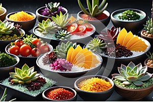 Hyper-Realistic Close-Up Photo of an Assortment of Gourmet Dishes - Showcasing the Glistening Texture and Culinary Artistry photo