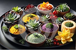Hyper-Realistic Close-Up Photo of an Assortment of Gourmet Dishes - Showcasing the Glistening Texture and Culinary Artistry photo