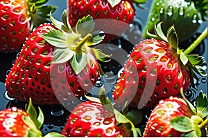 Macro Photograph of Vibrant Strawberries with Water Droplets on Their Seeds - Foreground in Sharp Focus photo