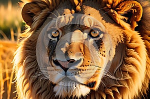 Majestic Lion Close-Up Portrait - Mane Detail Highlighted by the Last Rays of the Setting Sun, Amber Glow