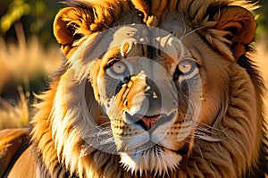 Majestic Lion Close-Up Portrait - Mane Detail Highlighted by the Last Rays of the Setting Sun, Amber Glow